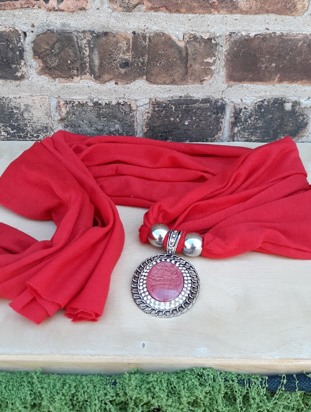 Charlotte Daniel Red Fashion Scarf Necklace with Silver Pendant